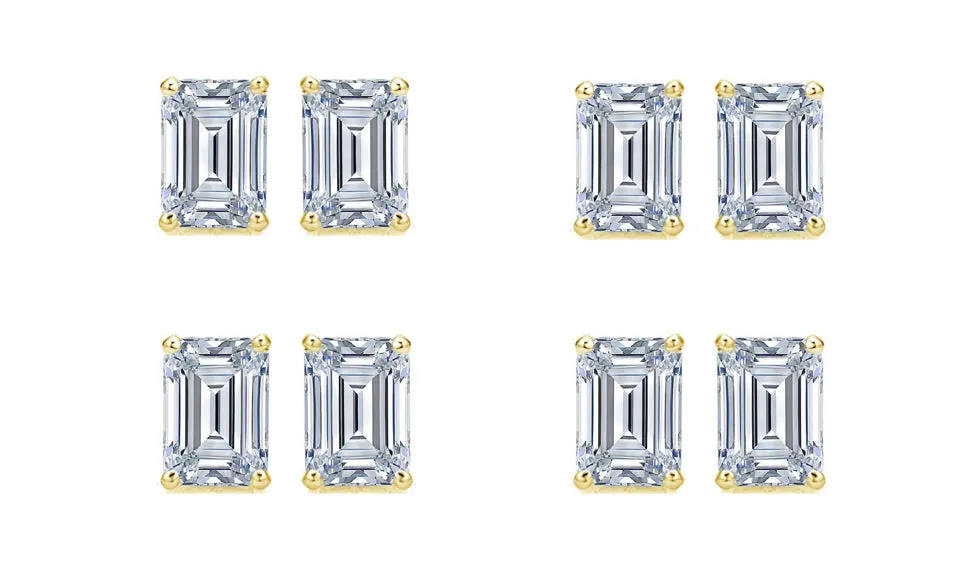 14k Yellow Gold 1/2Ct Emerald Cut White Sapphire Set Of Four Stud Earrings Plated