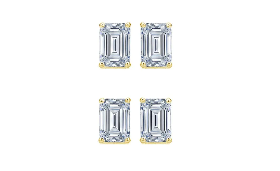 18k Yellow Gold 3Ct Emerald Cut White Sapphire Set Of Two Stud Earrings Plated
