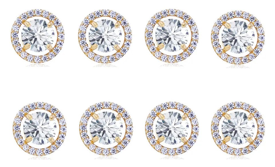 18k Yellow Gold Plated 4mm 3Ct Round White Sapphire Set Of Four Halo Stud Earrings