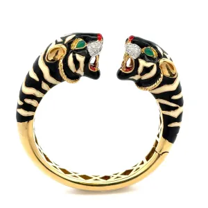 18K YG Italian Al Angiolino & Zogno Enamel Tiger .80tcw Diamond, Chrysoprase Eyes Hinged Cuff Bracelet Regard Jewelry Austin Texas
