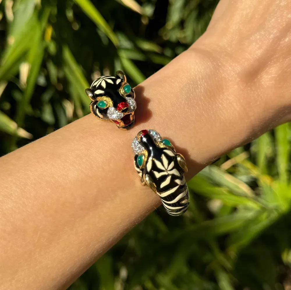 18K YG Italian Al Angiolino & Zogno Enamel Tiger .80tcw Diamond, Chrysoprase Eyes Hinged Cuff Bracelet Regard Jewelry Austin Texas