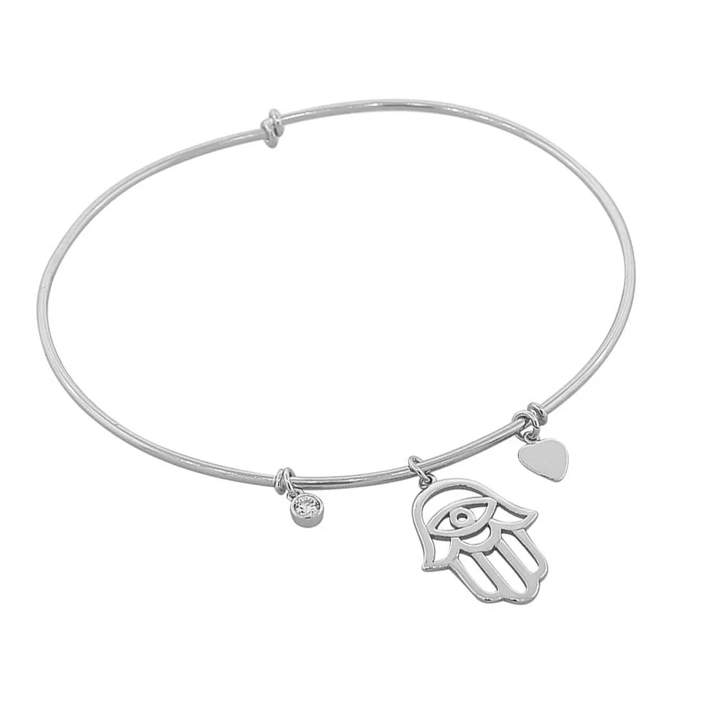 925 Sterling Silver Hamsa Evil Eye Love Heart Bangle Bracelet
