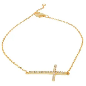 925 Sterling Silver White CZ Womens Horizontal Sideways Cross Link Chain Bracelet