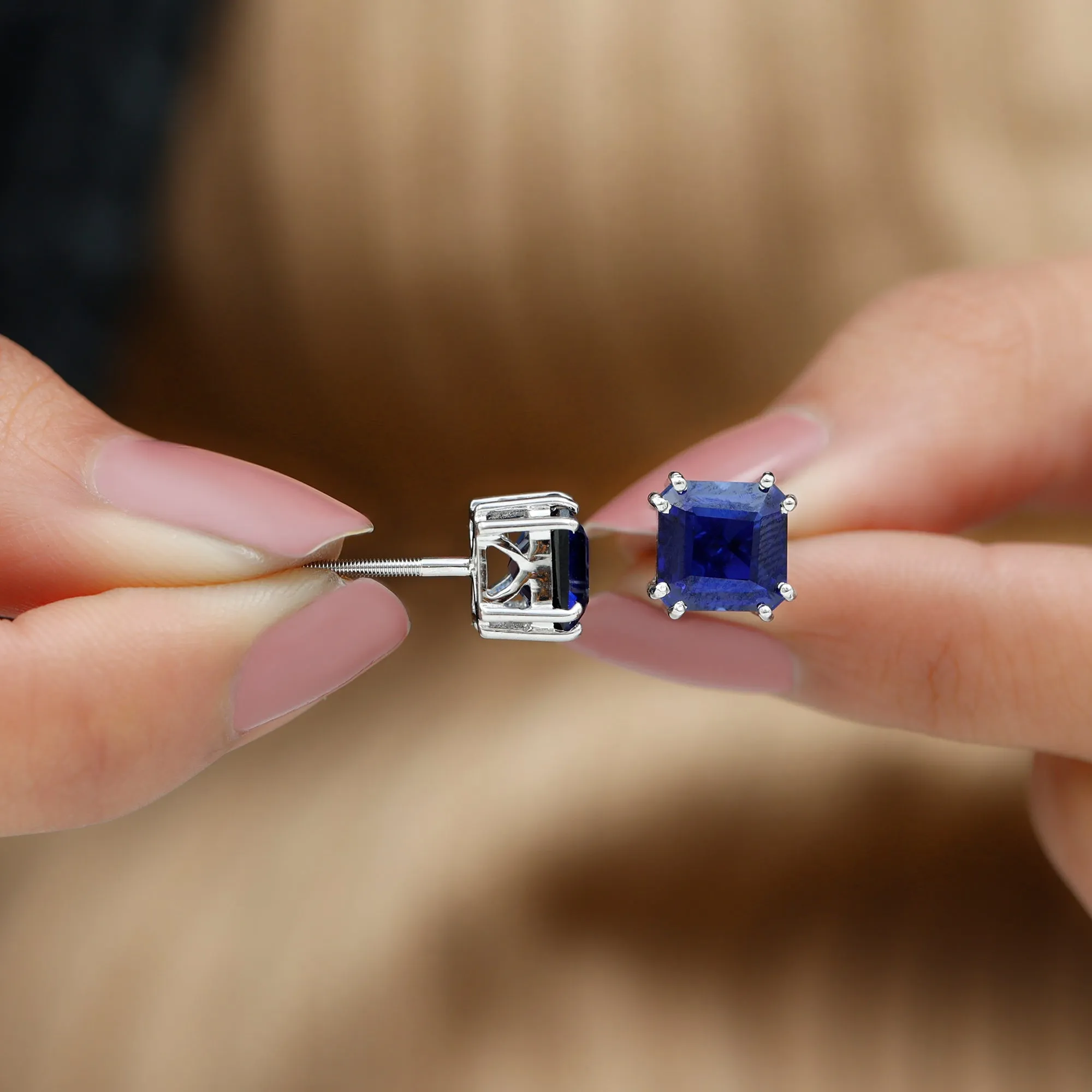 9.50 CT Asscher Cut Created Blue Sapphire Solitaire Stud Earrings