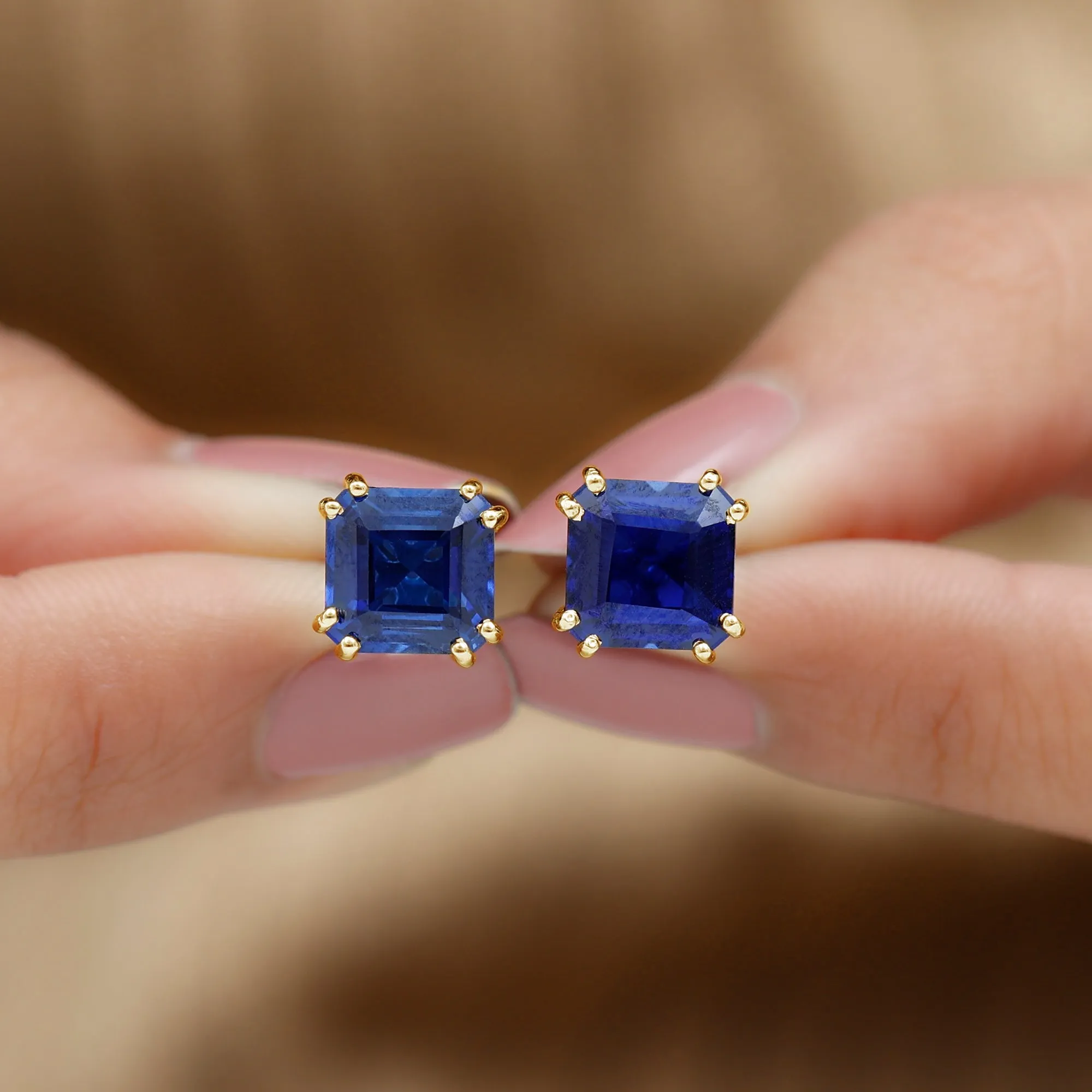 9.50 CT Asscher Cut Created Blue Sapphire Solitaire Stud Earrings