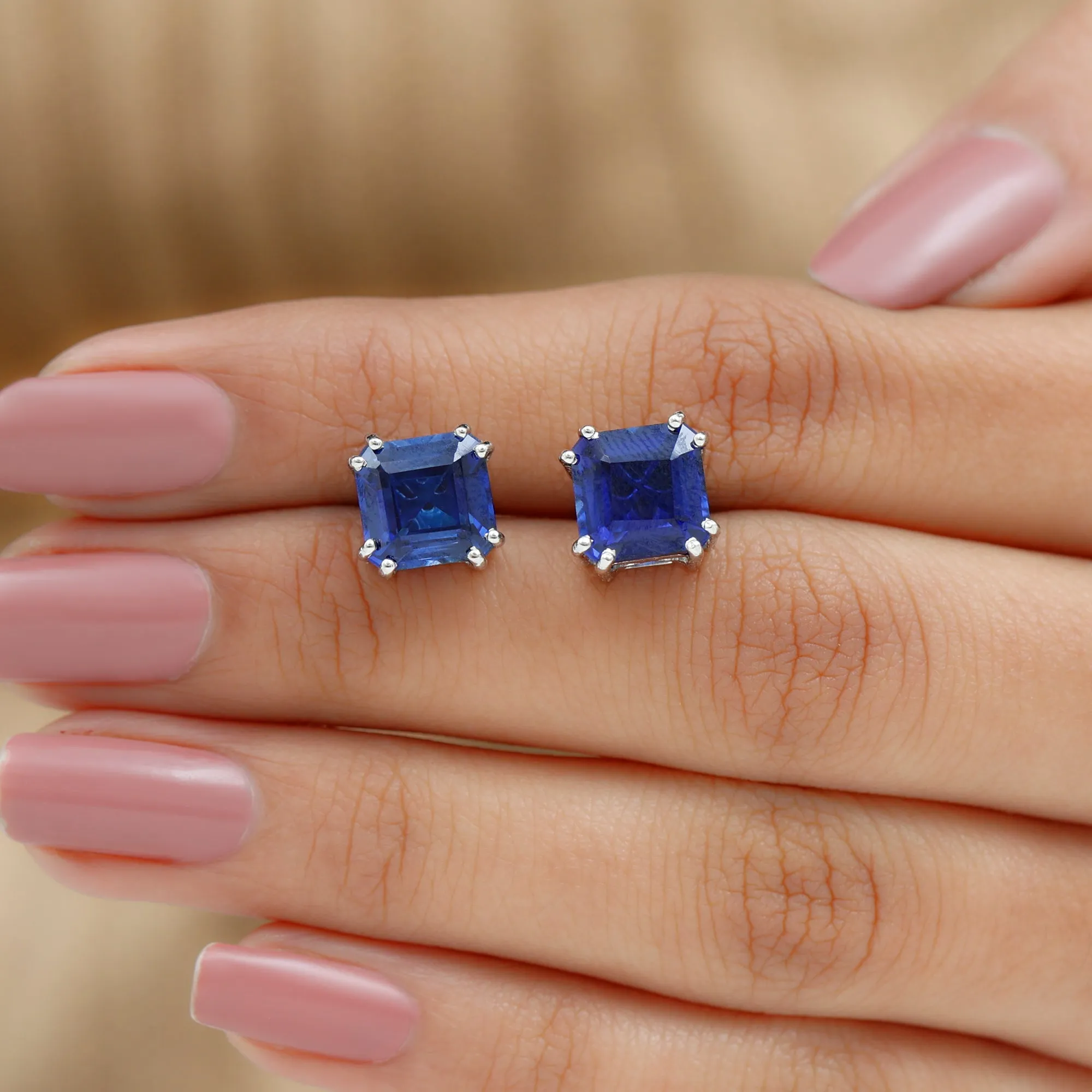 9.50 CT Asscher Cut Created Blue Sapphire Solitaire Stud Earrings