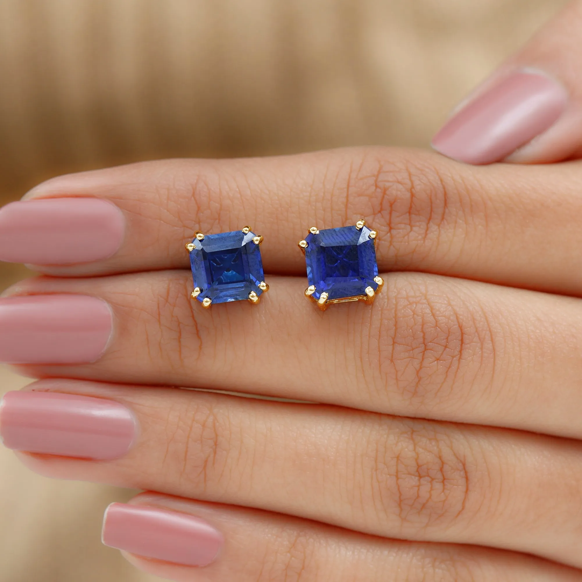 9.50 CT Asscher Cut Created Blue Sapphire Solitaire Stud Earrings