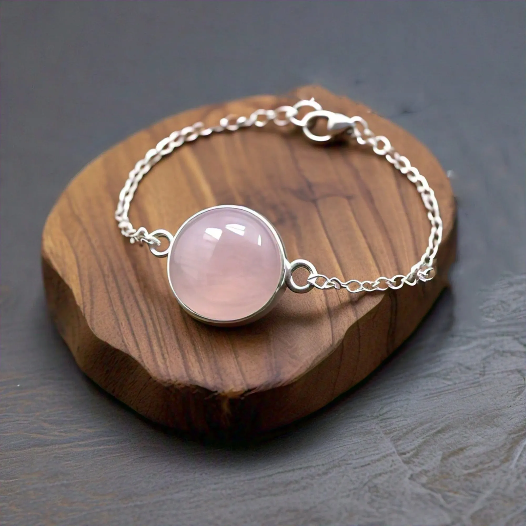 Bia Sterling Silver Real Pink Rose Quartz Crystal Bracelet