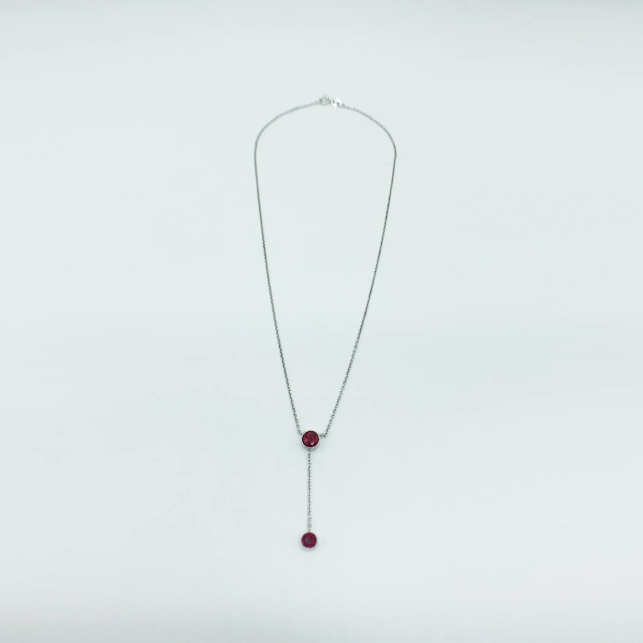 CA Benita Silver (Rhodium) White Gold Plated and CZ Ruby Red Diamond Cut "Y" Pendant Necklace