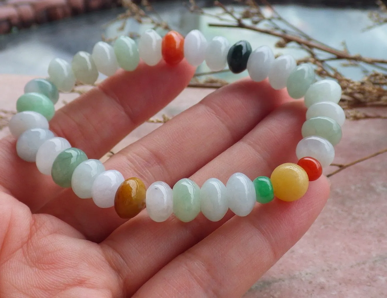 Certified Hand Carved Red Yellow Green Natural Myanmar Burma A Jade Jadeite Bead Beads Bracelet