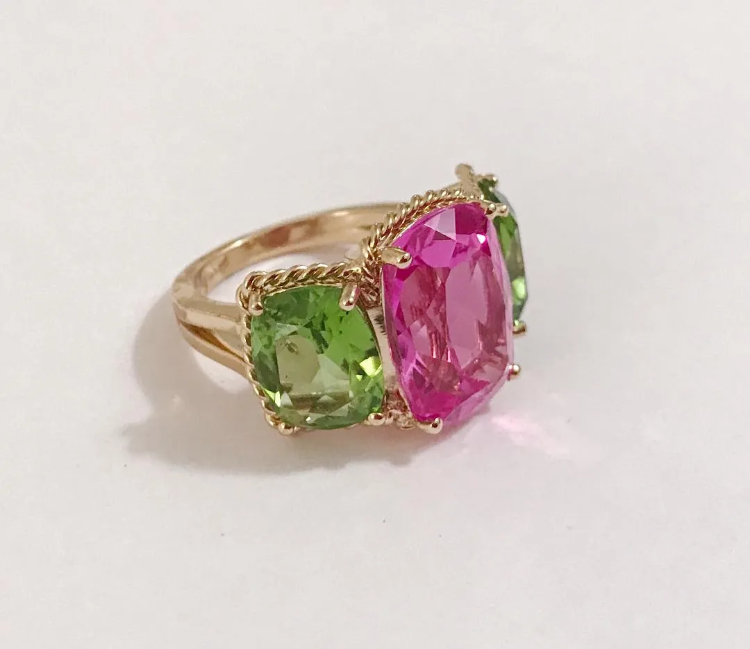 Elegant Three-Stone Ring with Gold Rope Twist Border