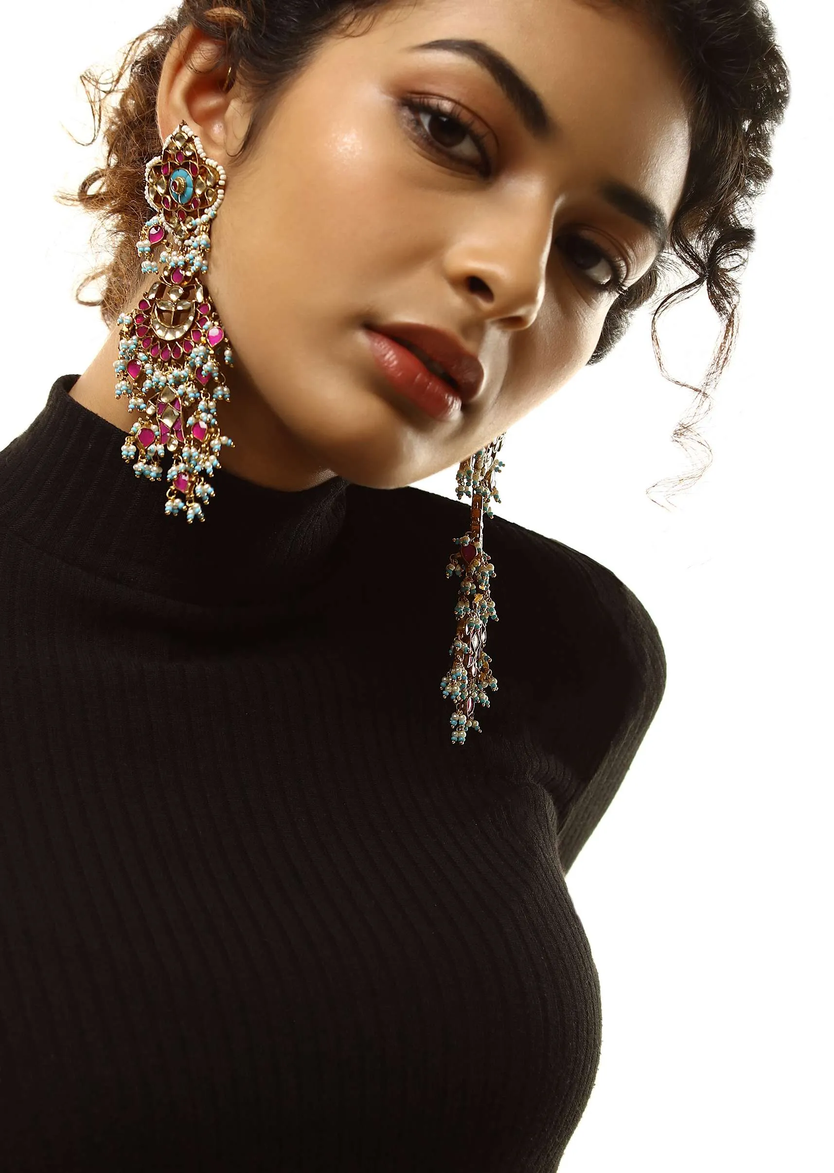 Gold Plated Chandelier Earrings Studded With Magenta Semi Precious Stones, Kundan And Dangling Bead And Moti Tassels