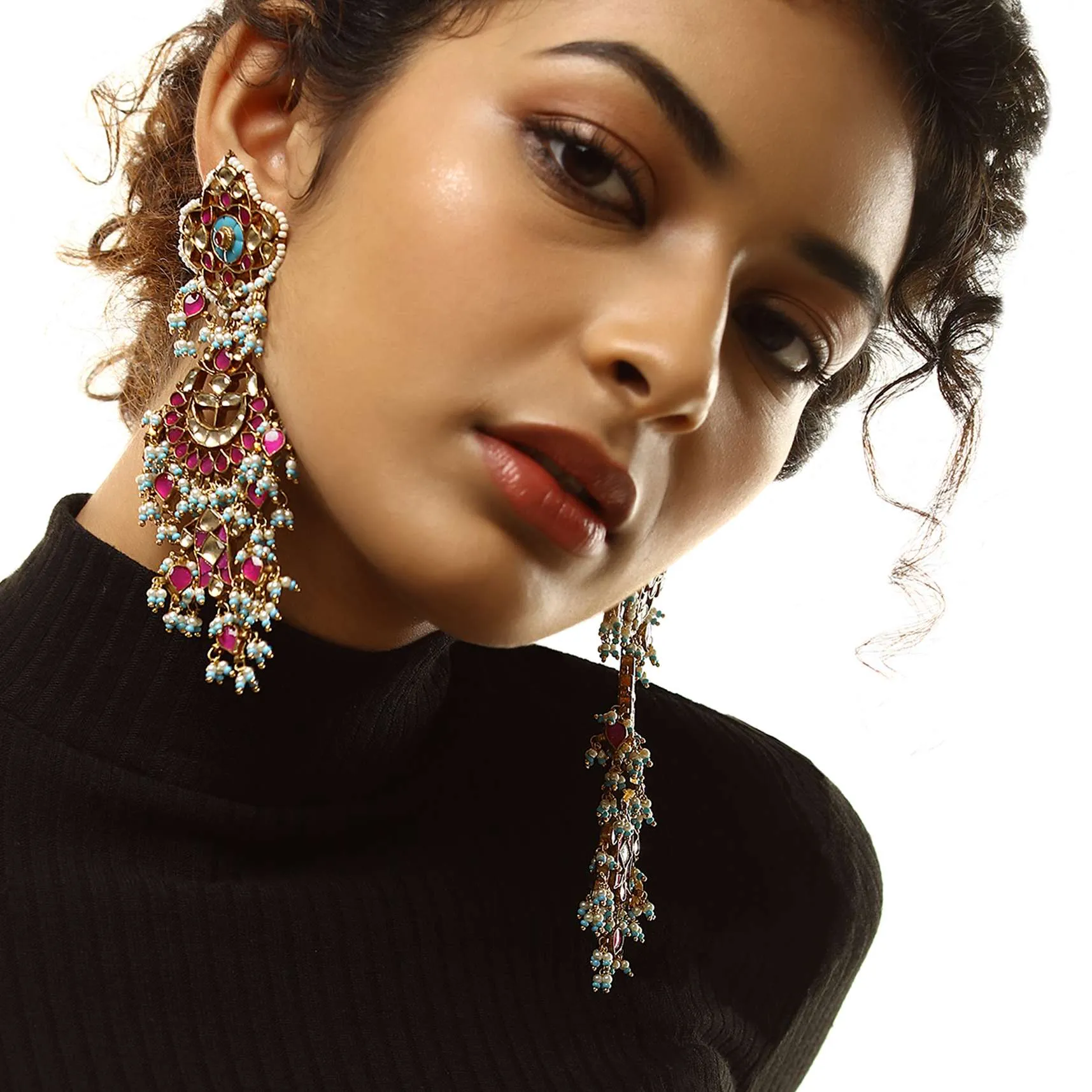 Gold Plated Chandelier Earrings Studded With Magenta Semi Precious Stones, Kundan And Dangling Bead And Moti Tassels
