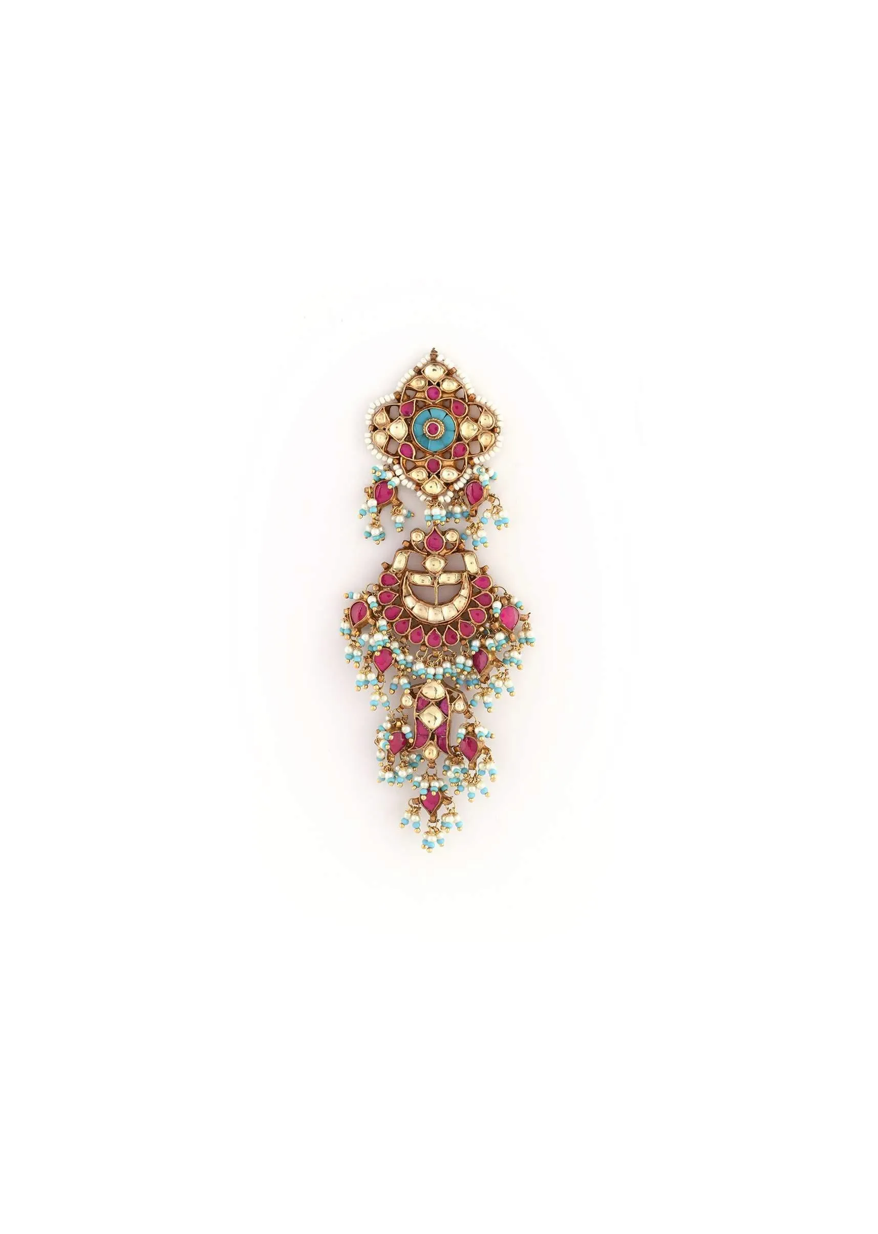 Gold Plated Chandelier Earrings Studded With Magenta Semi Precious Stones, Kundan And Dangling Bead And Moti Tassels