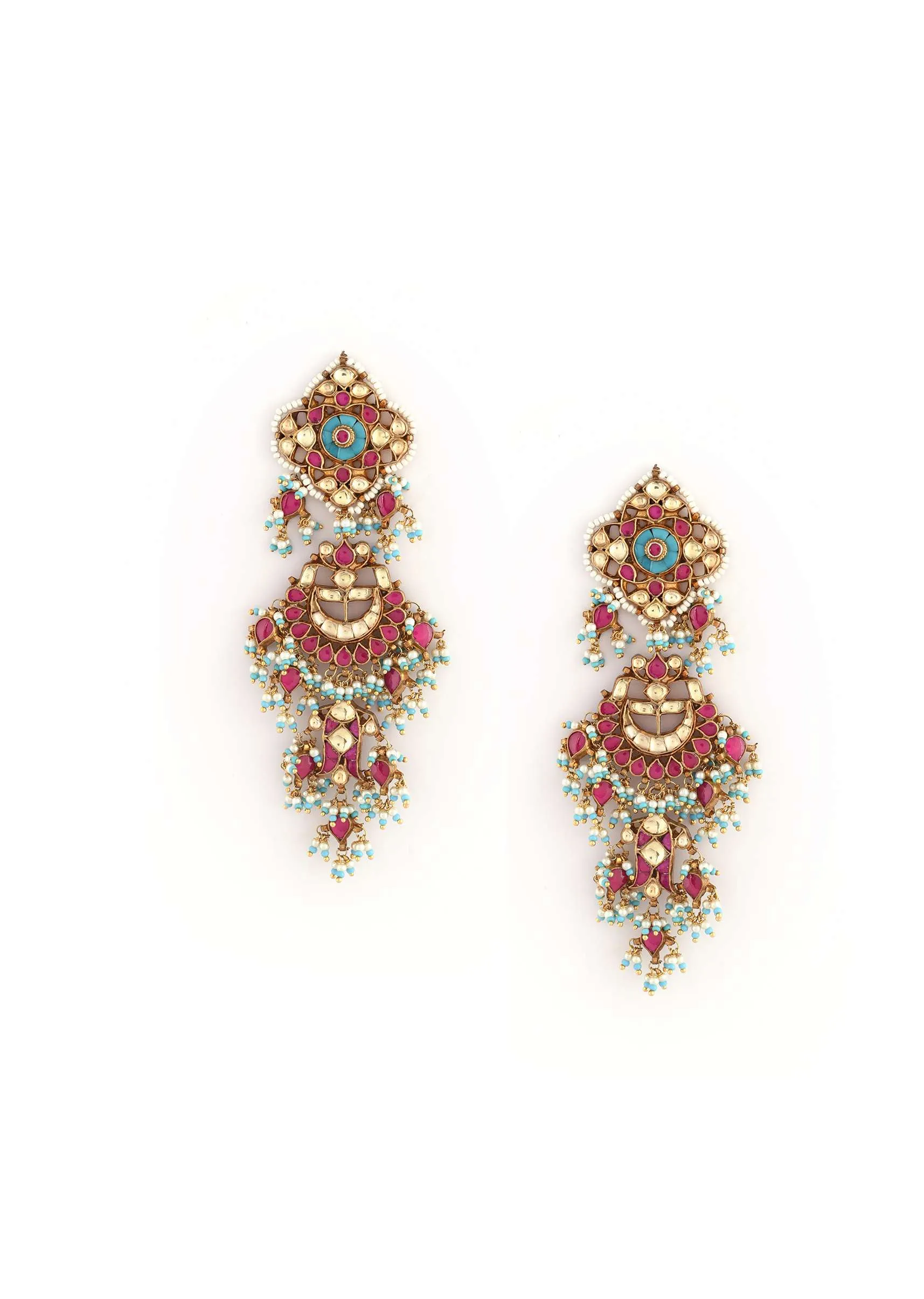 Gold Plated Chandelier Earrings Studded With Magenta Semi Precious Stones, Kundan And Dangling Bead And Moti Tassels