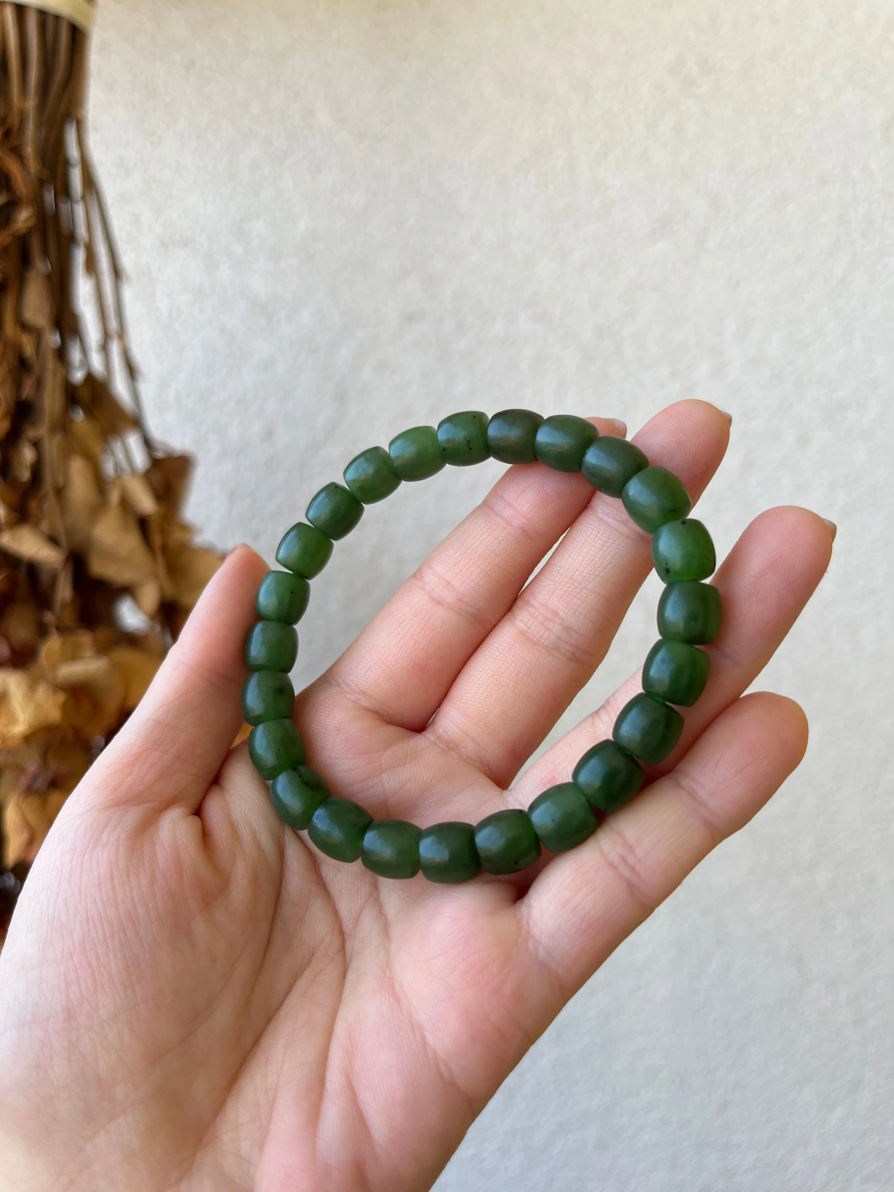 Green Nephrite Jade Beaded Bracelet (8mm x 8mm)