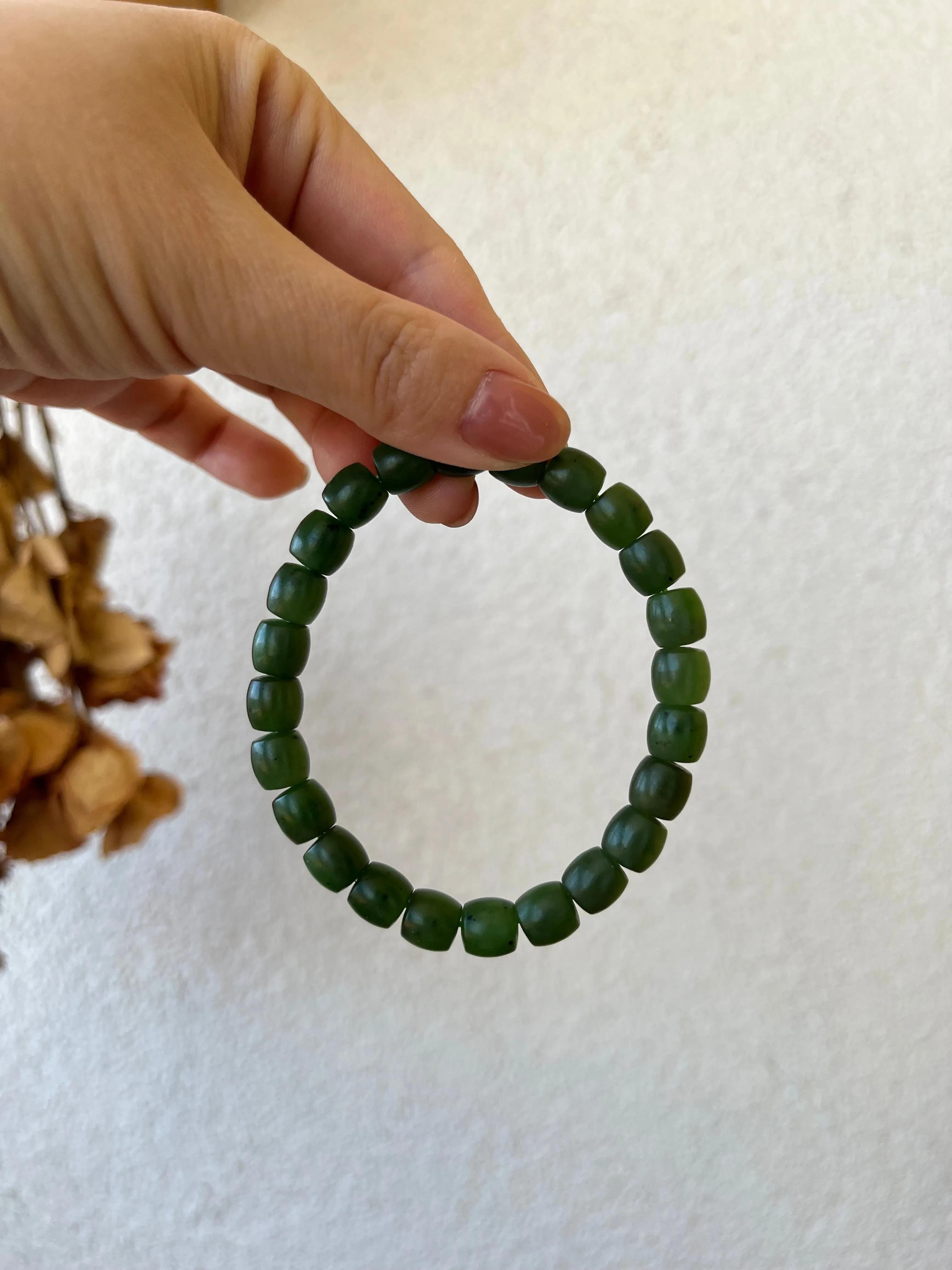 Green Nephrite Jade Beaded Bracelet (8mm x 8mm)