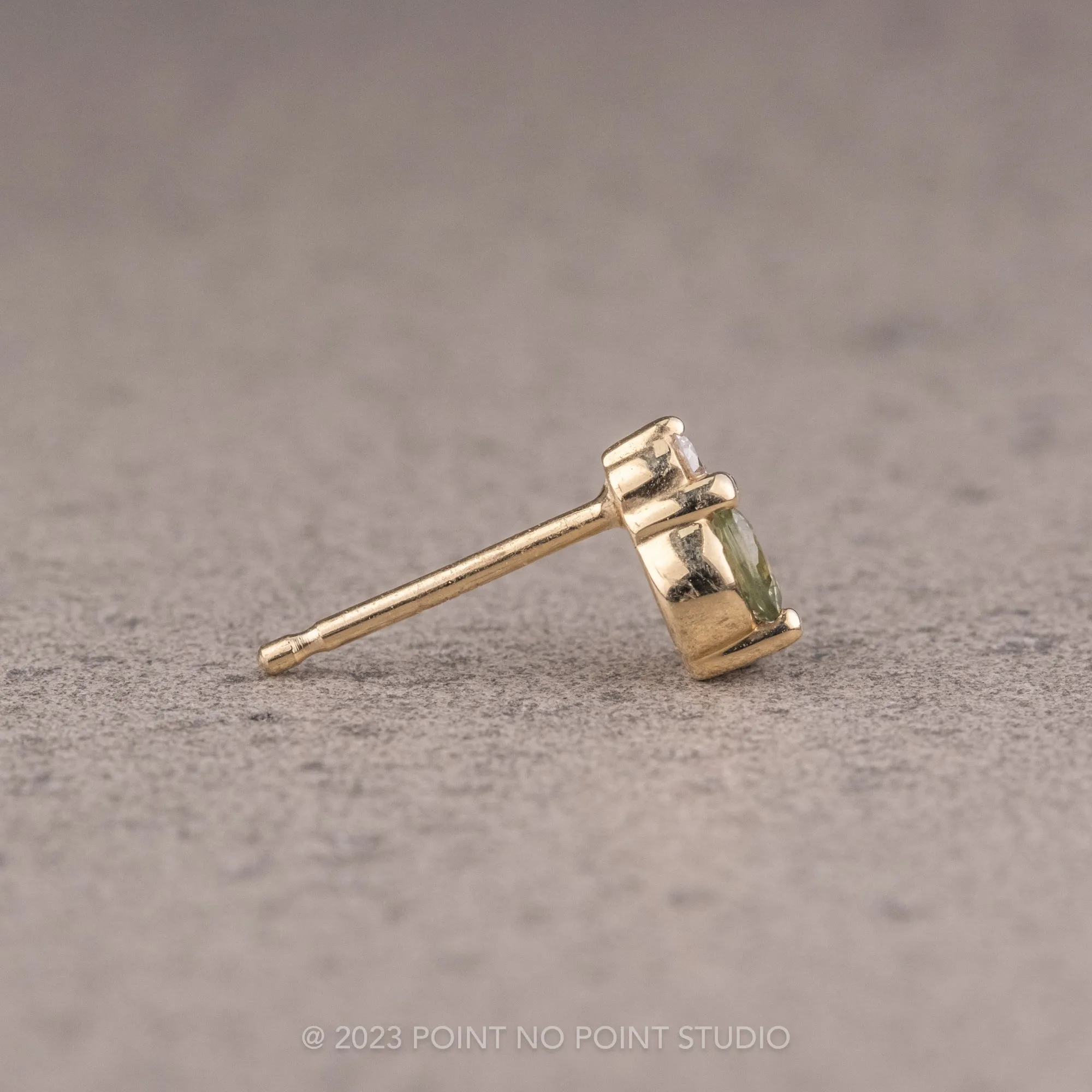 Green Sapphire and Diamond Studs, 14k Yellow Gold Earrings