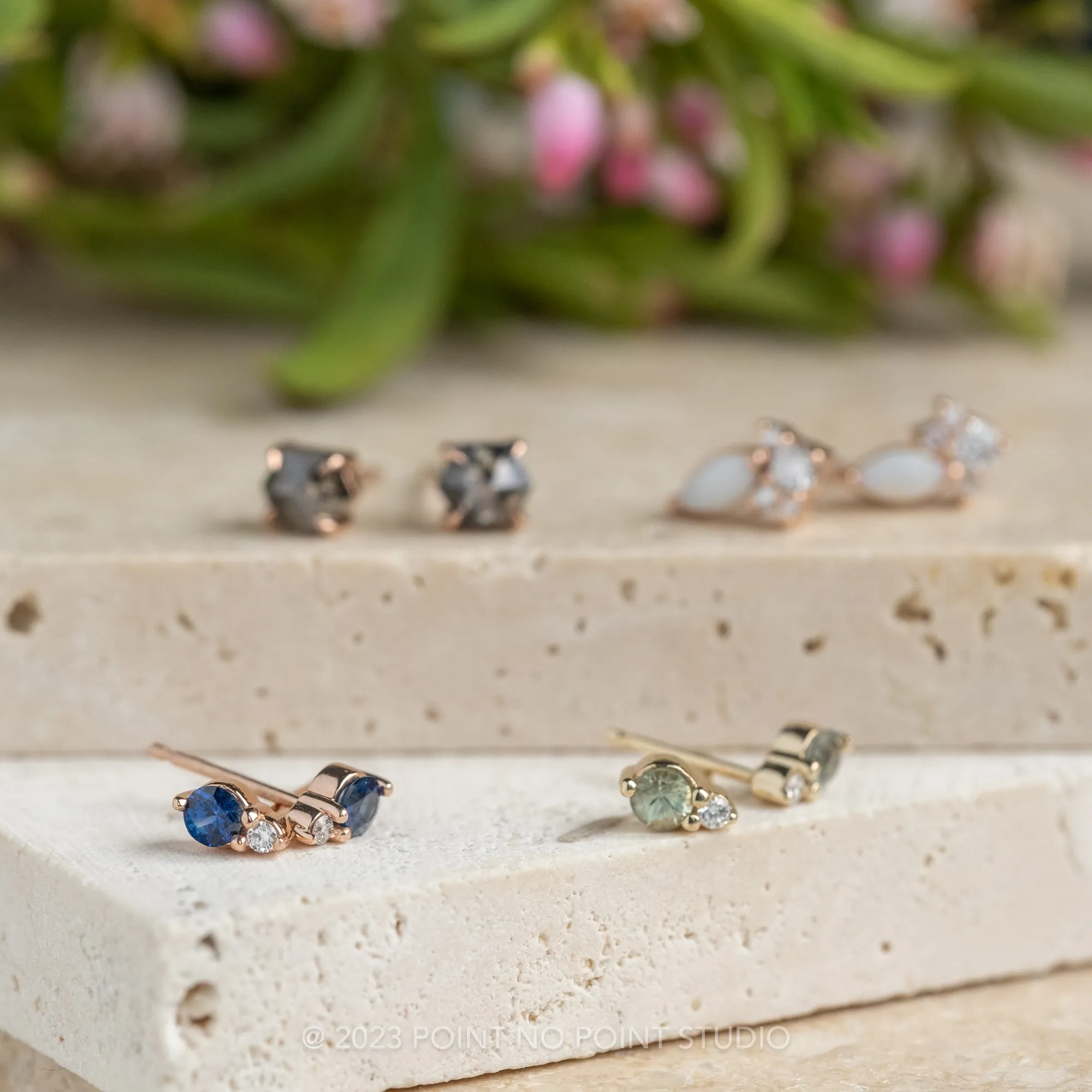 Green Sapphire and Diamond Studs, 14k Yellow Gold Earrings
