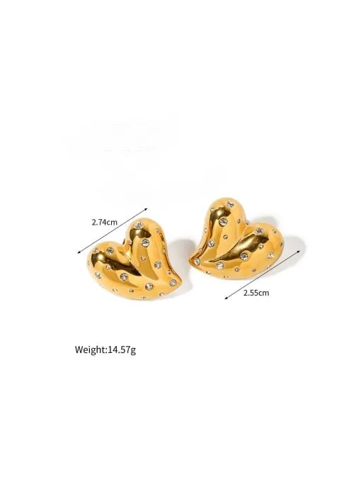 Heart Earrings, 18K Gold Plated Zircon Chunky Heart Big Studs