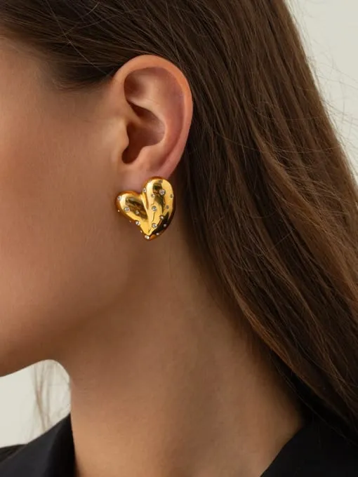Heart Earrings, 18K Gold Plated Zircon Chunky Heart Big Studs
