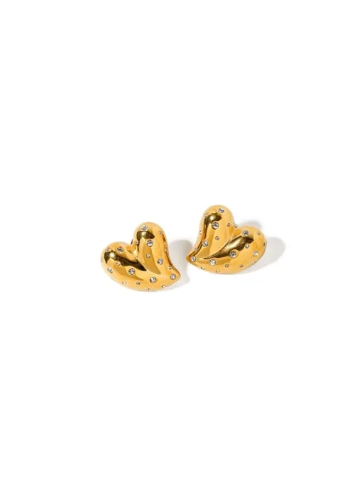 Heart Earrings, 18K Gold Plated Zircon Chunky Heart Big Studs