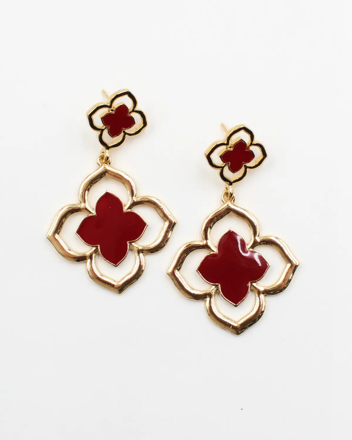 Maroon Four Leaf Clover Dangle Earrings