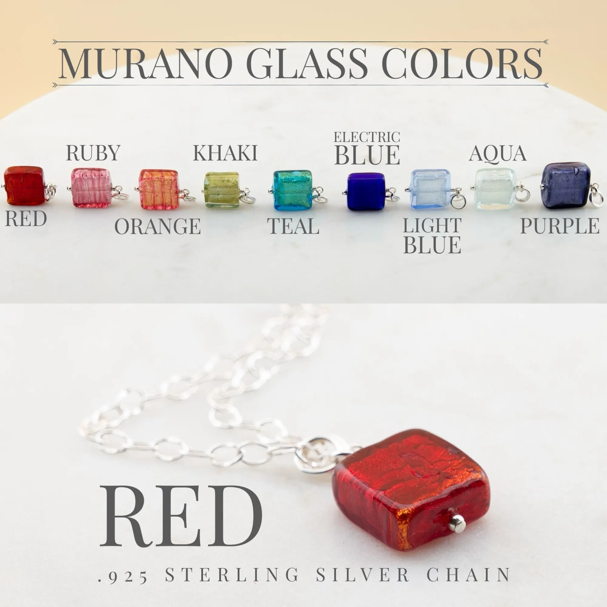 Murano glass pendant necklace in Red, Orange, Green, or Ruby Pink on sterling silver chain