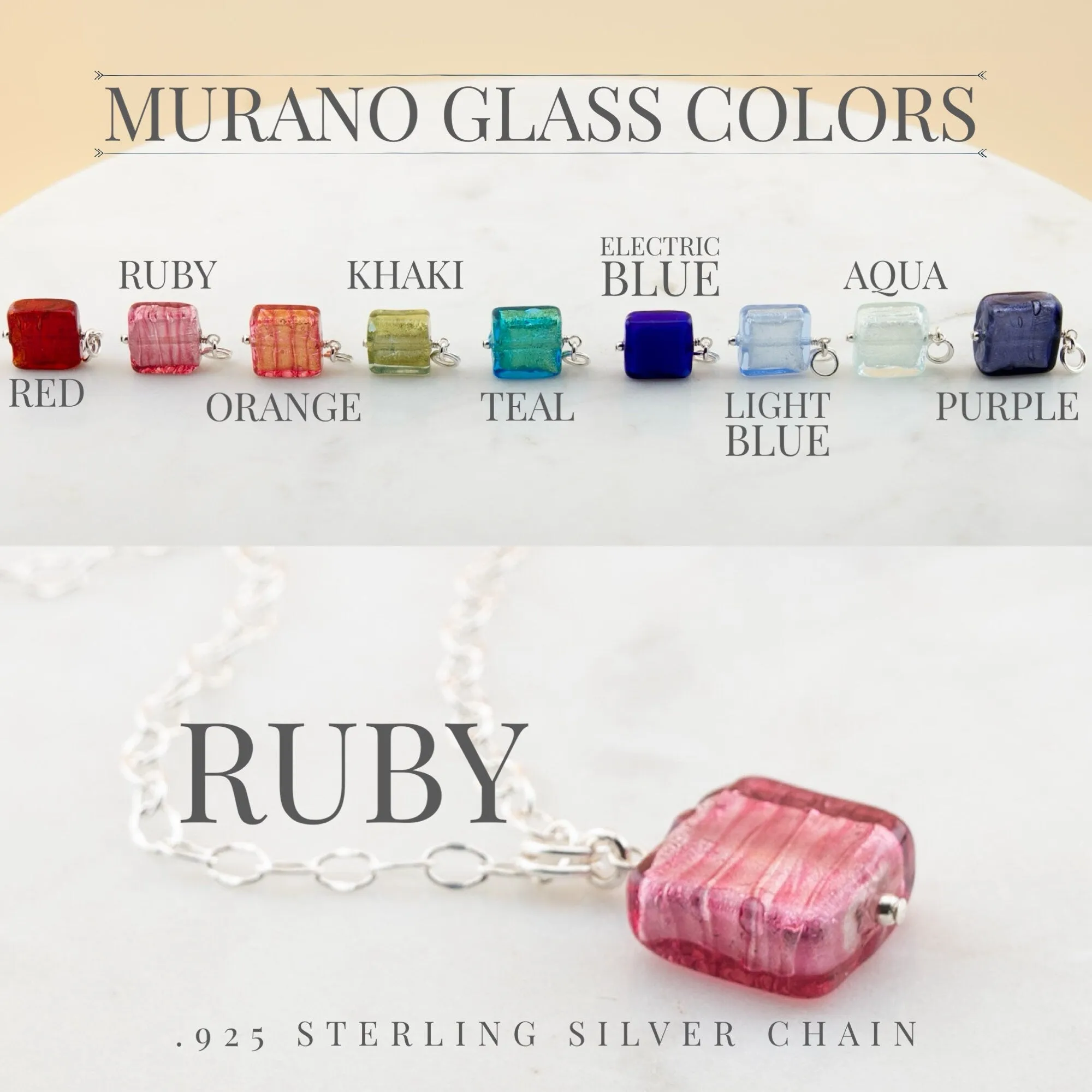 Murano glass pendant necklace in Red, Orange, Green, or Ruby Pink on sterling silver chain