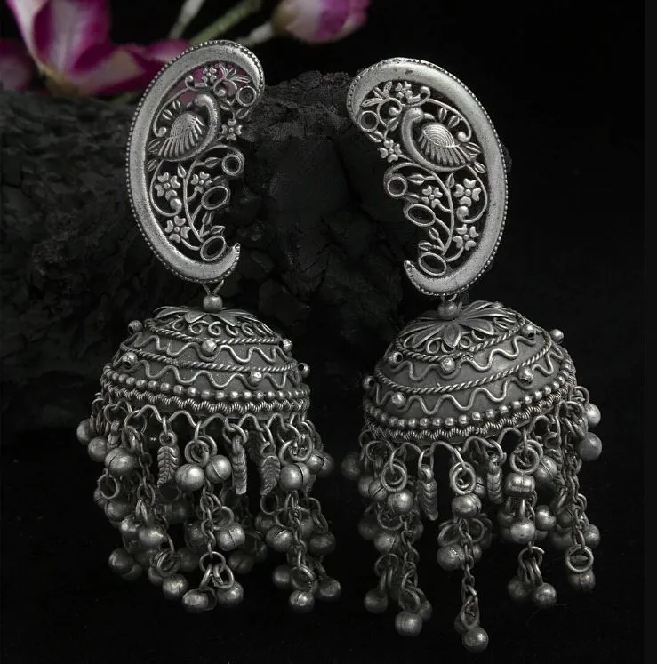 Peacock Shaped Tribal Design Oxidised Silver Plated Handcrafted Chandelier Jhumkas