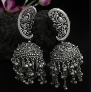 Peacock Shaped Tribal Design Oxidised Silver Plated Handcrafted Chandelier Jhumkas