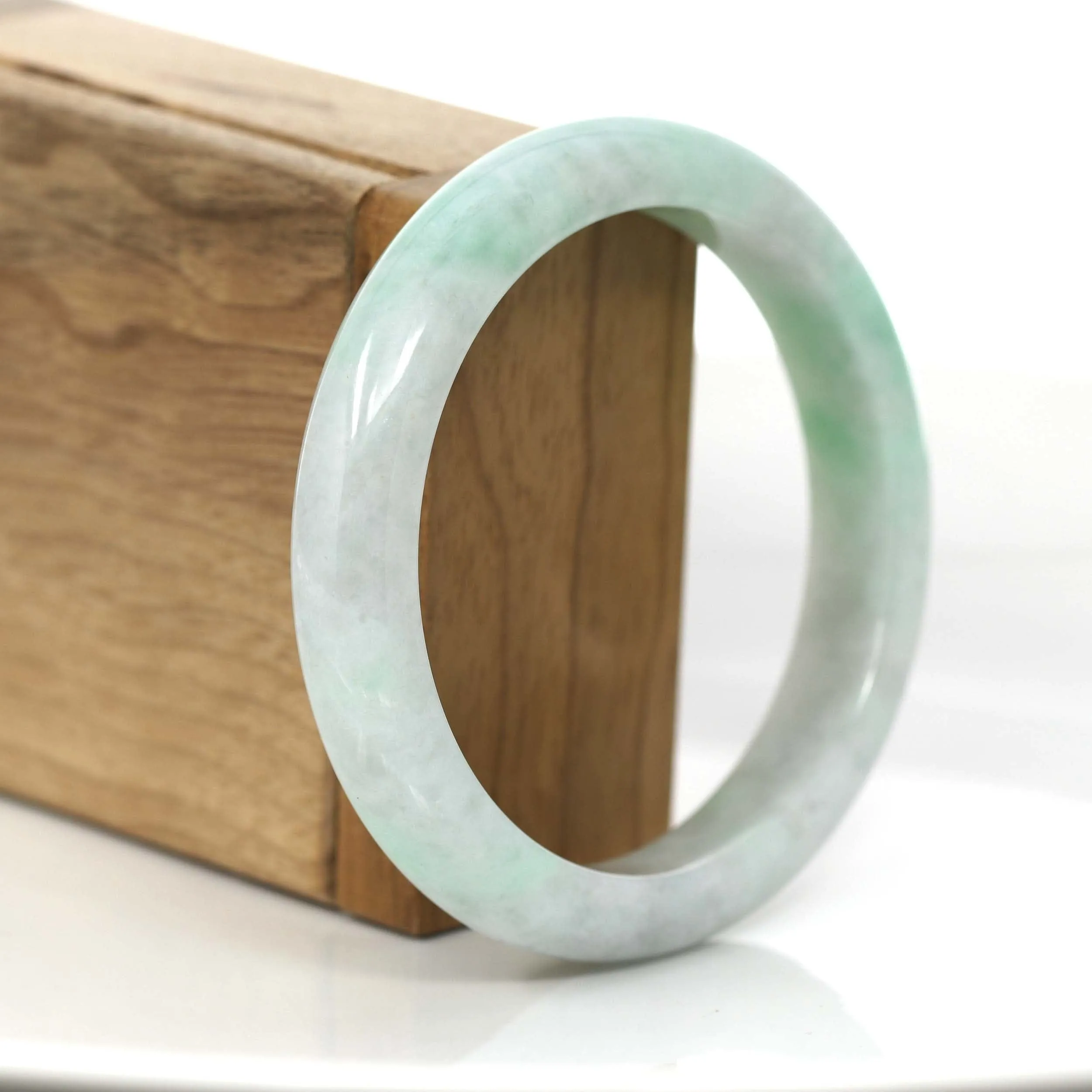 "Princess Half Round" Burmese White & Green Jadeite Jade Bangle Bracelet (58.74 mm) #705