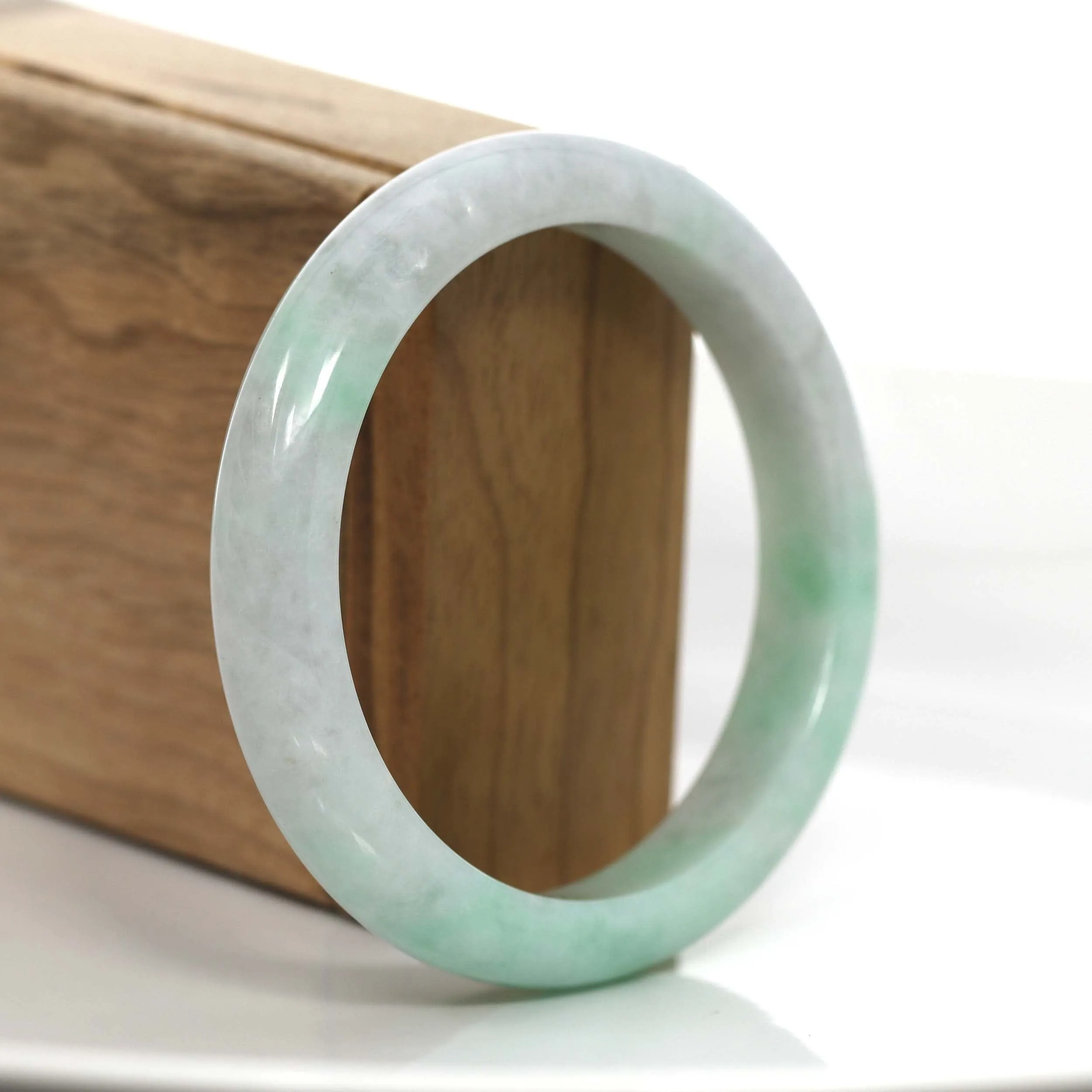 "Princess Half Round" Burmese White & Green Jadeite Jade Bangle Bracelet (58.74 mm) #705