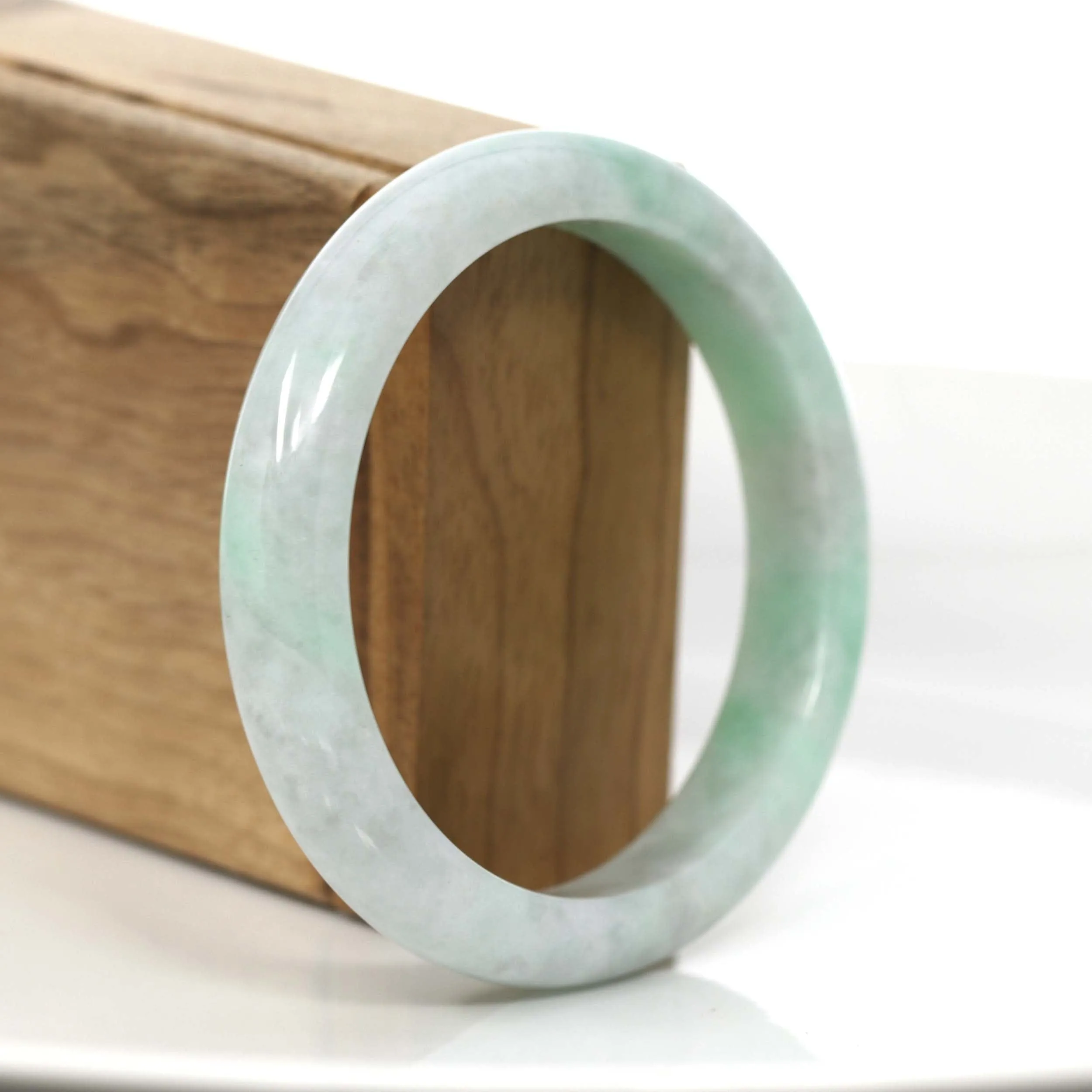 "Princess Half Round" Burmese White & Green Jadeite Jade Bangle Bracelet (58.74 mm) #705