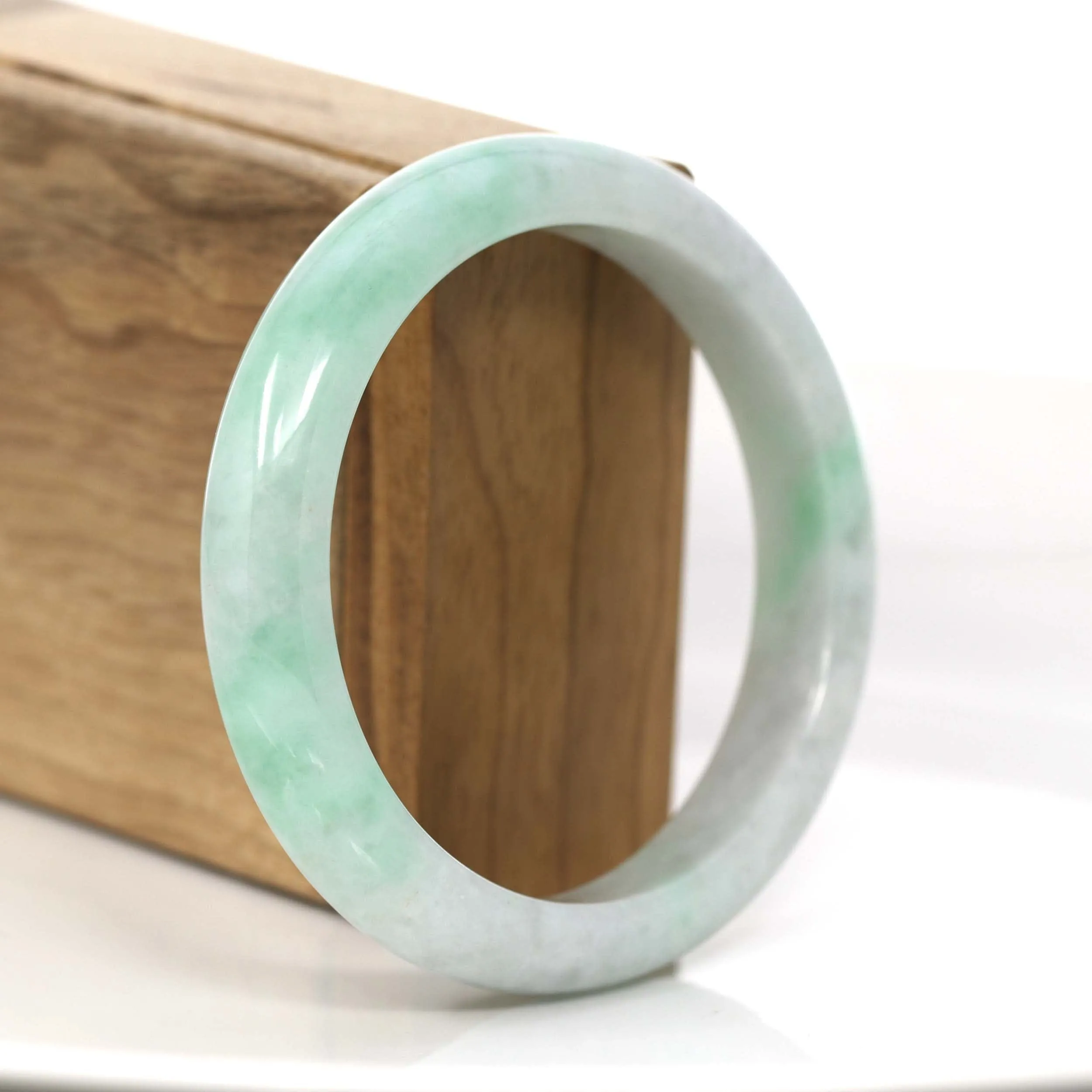 "Princess Half Round" Burmese White & Green Jadeite Jade Bangle Bracelet (58.74 mm) #705