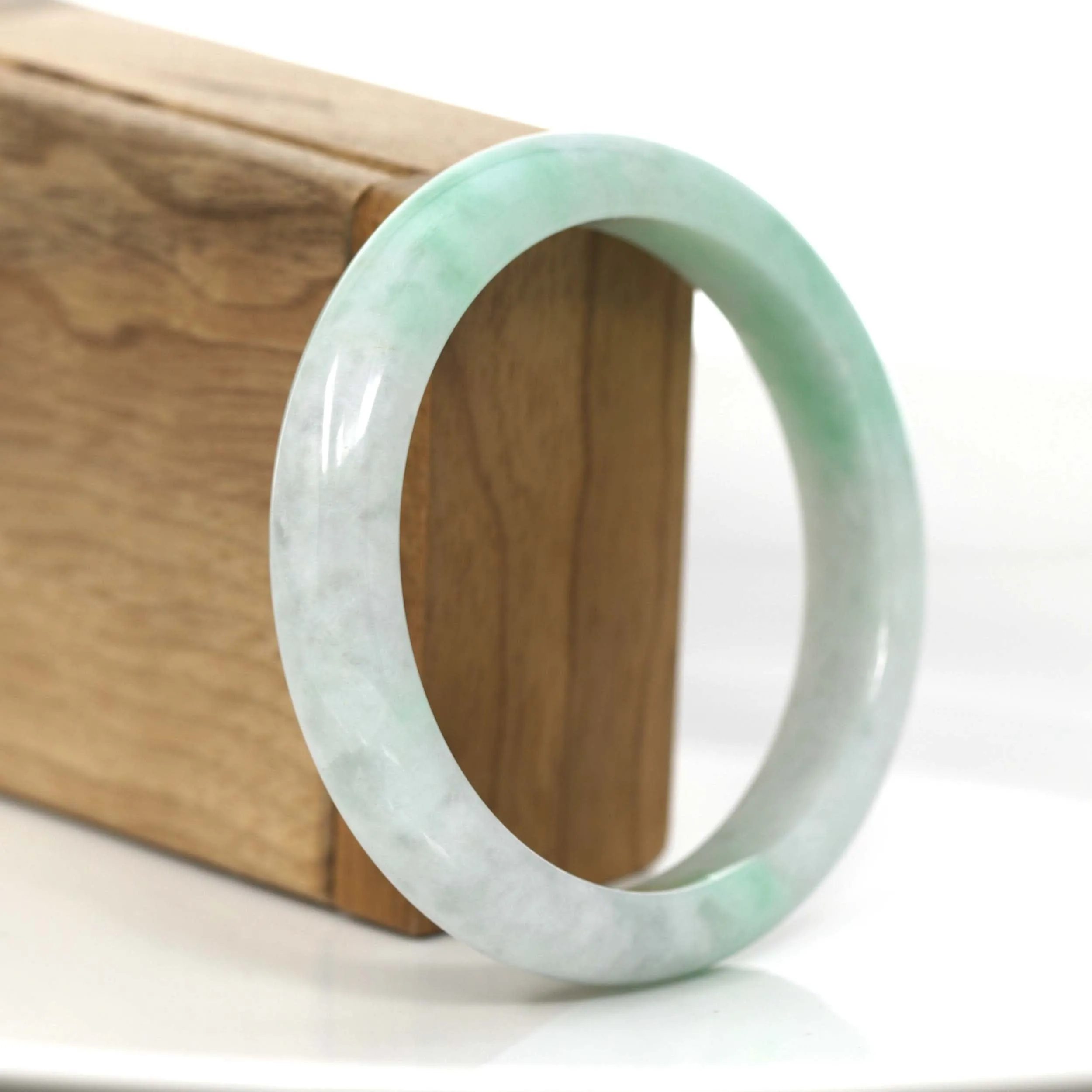 "Princess Half Round" Burmese White & Green Jadeite Jade Bangle Bracelet (58.74 mm) #705