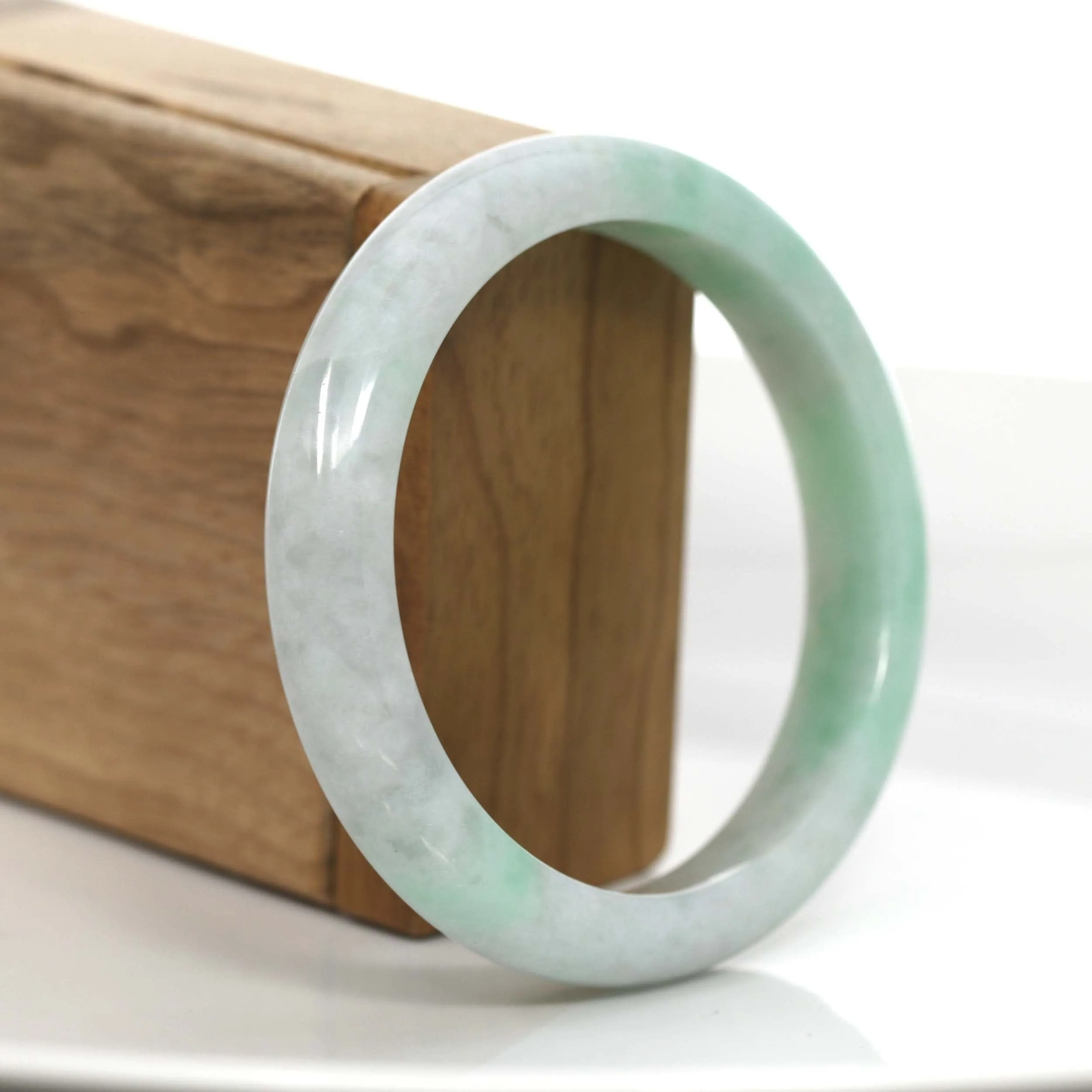 "Princess Half Round" Burmese White & Green Jadeite Jade Bangle Bracelet (58.74 mm) #705