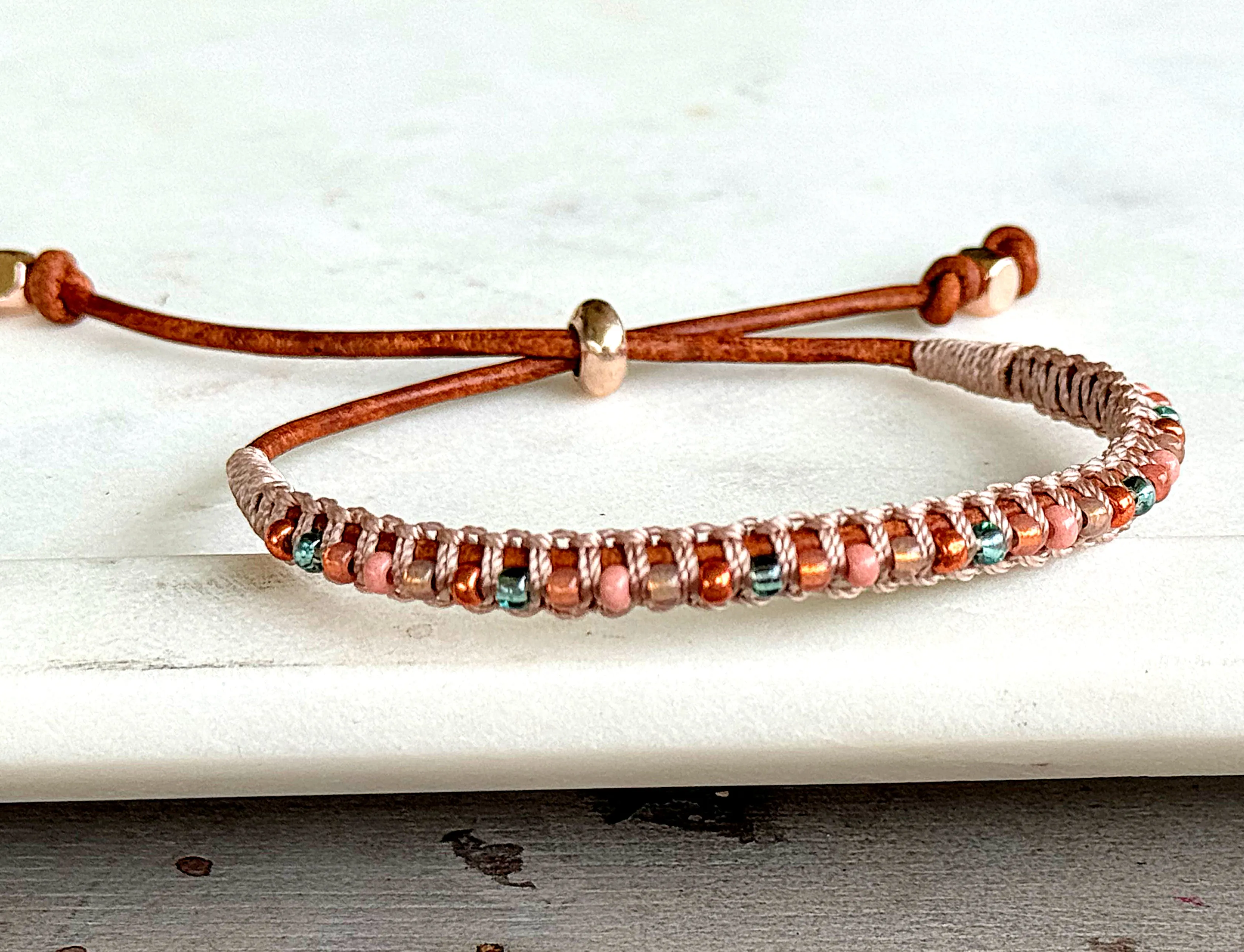 Sea Glass Jade Blush Rose and glass bead Adjustable Leather Bracelet