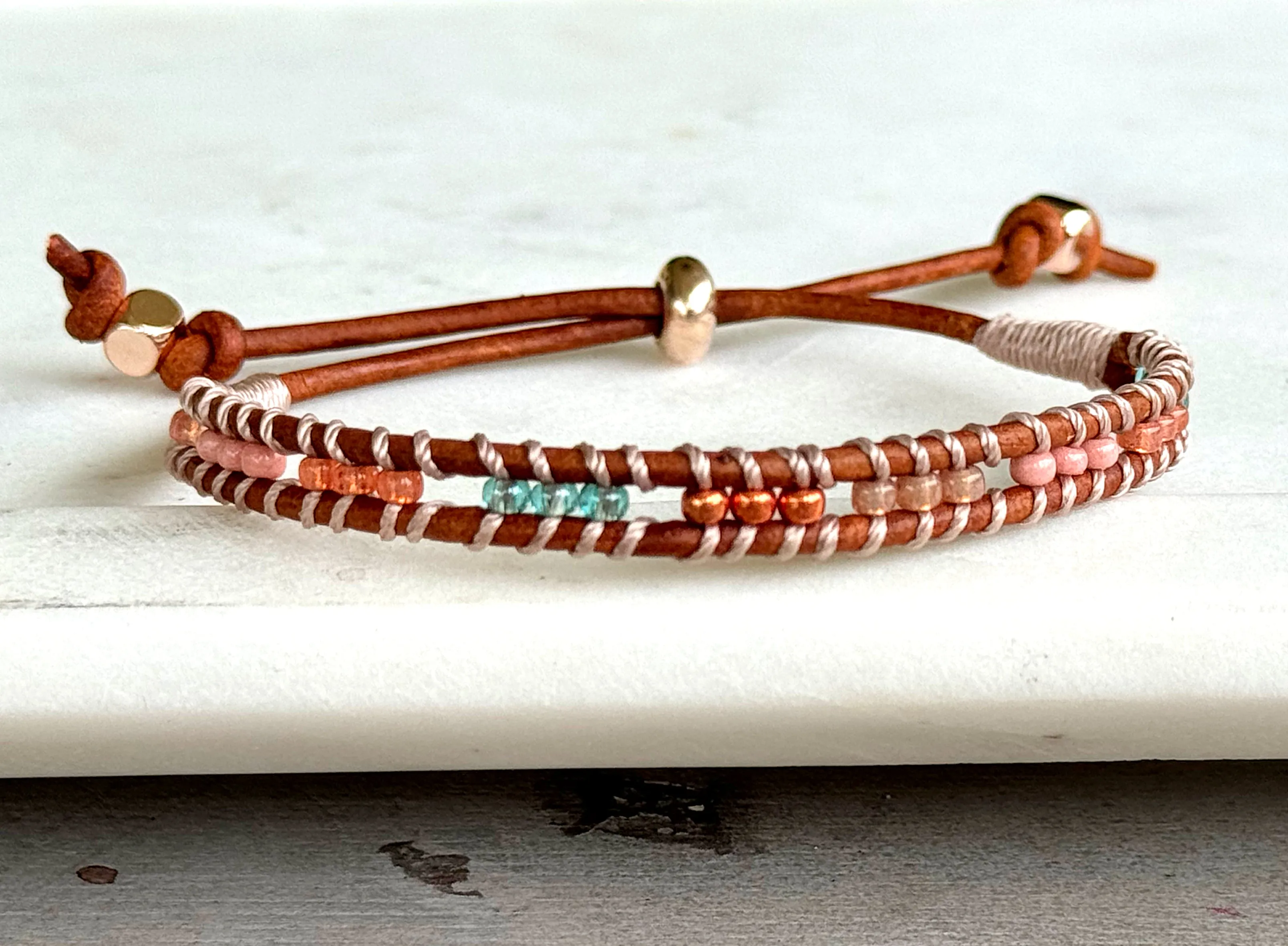 Sea Glass Jade Blush Rose and glass bead Adjustable Leather Bracelet