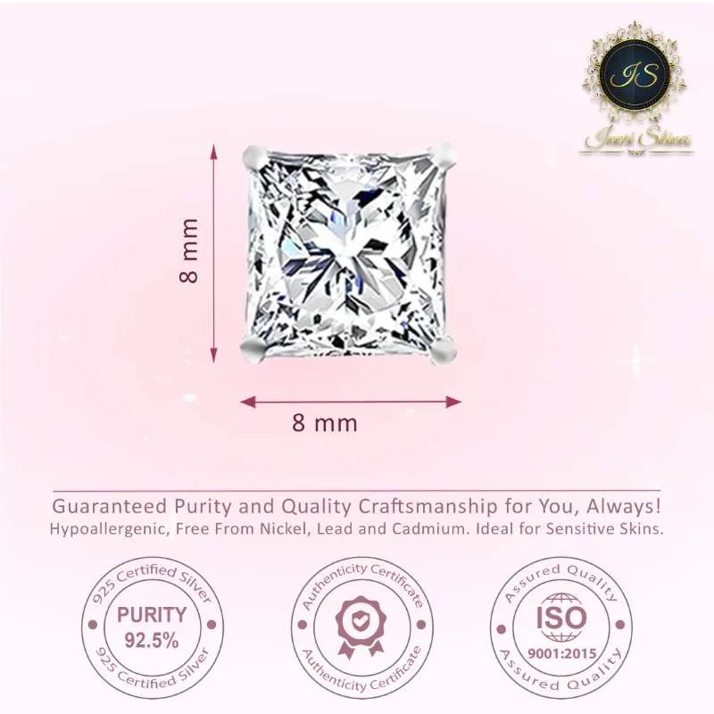 Silver Solitaire Square Zircon Earrings- 8mm
