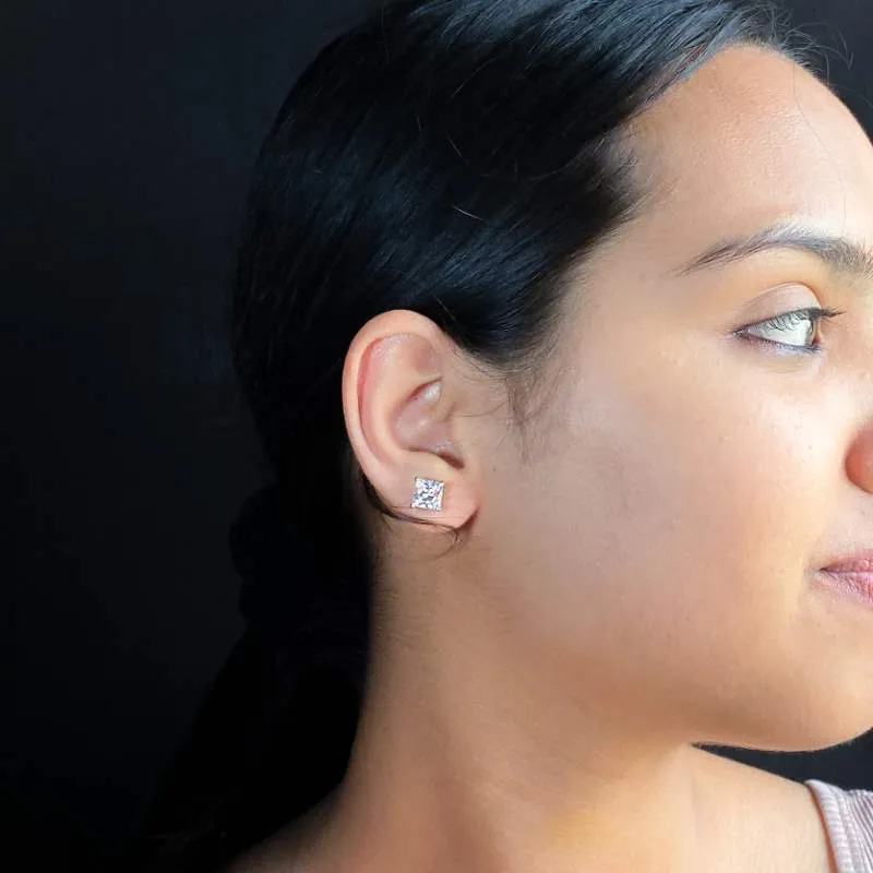 Silver Solitaire Square Zircon Earrings- 8mm