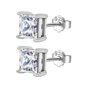 Silver Solitaire Square Zircon Earrings- 8mm